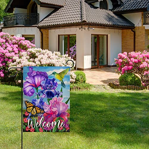 Hzppyz Welcome Spring Hummingbird Iris Garden Flag Double Sided, Purple Flower Bird Yellow Butterfly Decorative House Yard Outdoor Small Decor, Summer Floral Arrangement Home Outside Decoration 12x18 by Hzppyz - Image 5