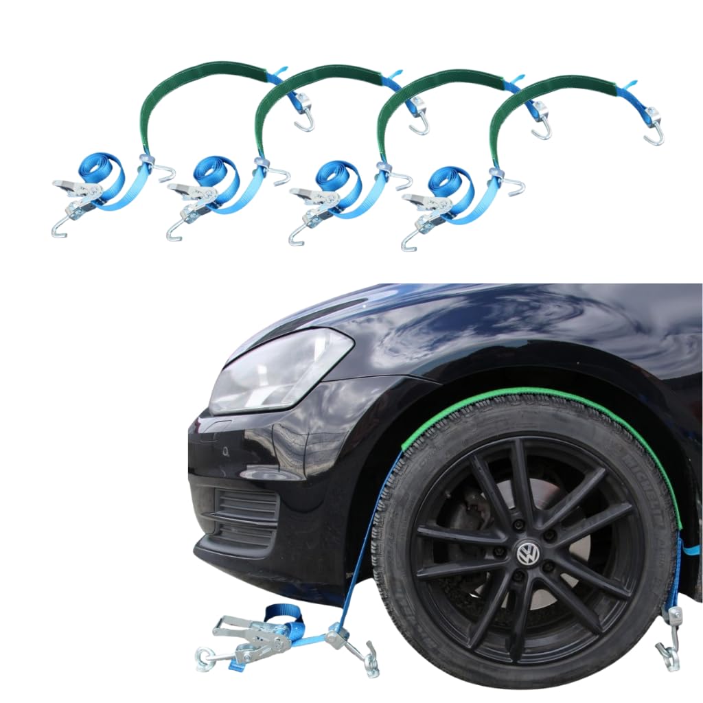 4 Stück Zurrgurt | 1-teilig | Radsicherung mit Grippschlauch | Spanngurt Reifengurt Autotransport PKW (35 mm)