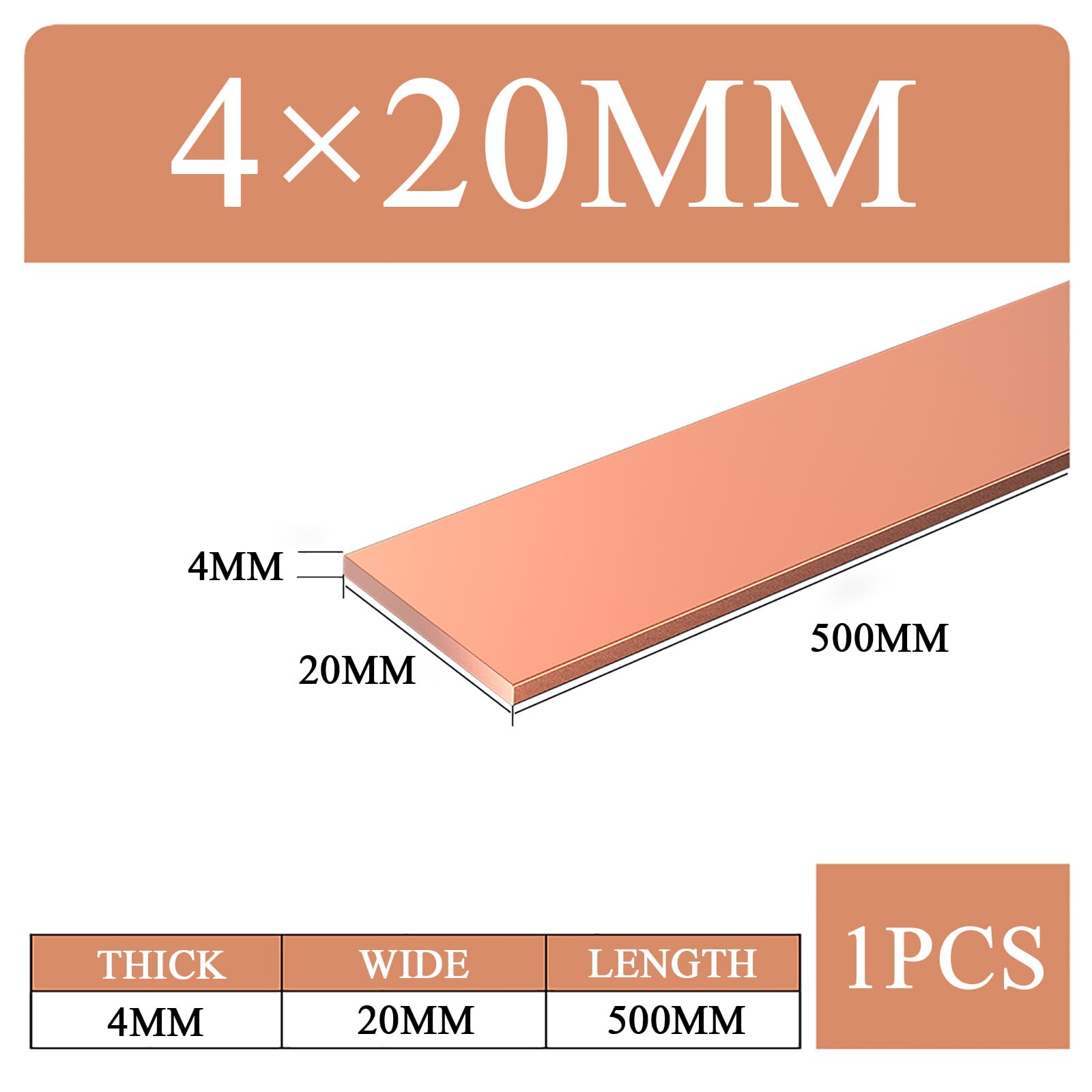 Barra piatta in rame puro al 99,9% - Barra collettrice ad alta conduttività 1 pezzo(4mmx20mm)