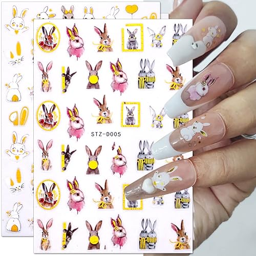 3D Cartoon Bunny Nail Stickers,Cute Rabbit Nail Art Stickers Chinese New Year Rabbits Nail Decals Spring Easter Bunny Stickers For Nails Self Adhesive Bronzing Nail Sticker Diy Nail Supplies, 8Pcs/Set #TOP3