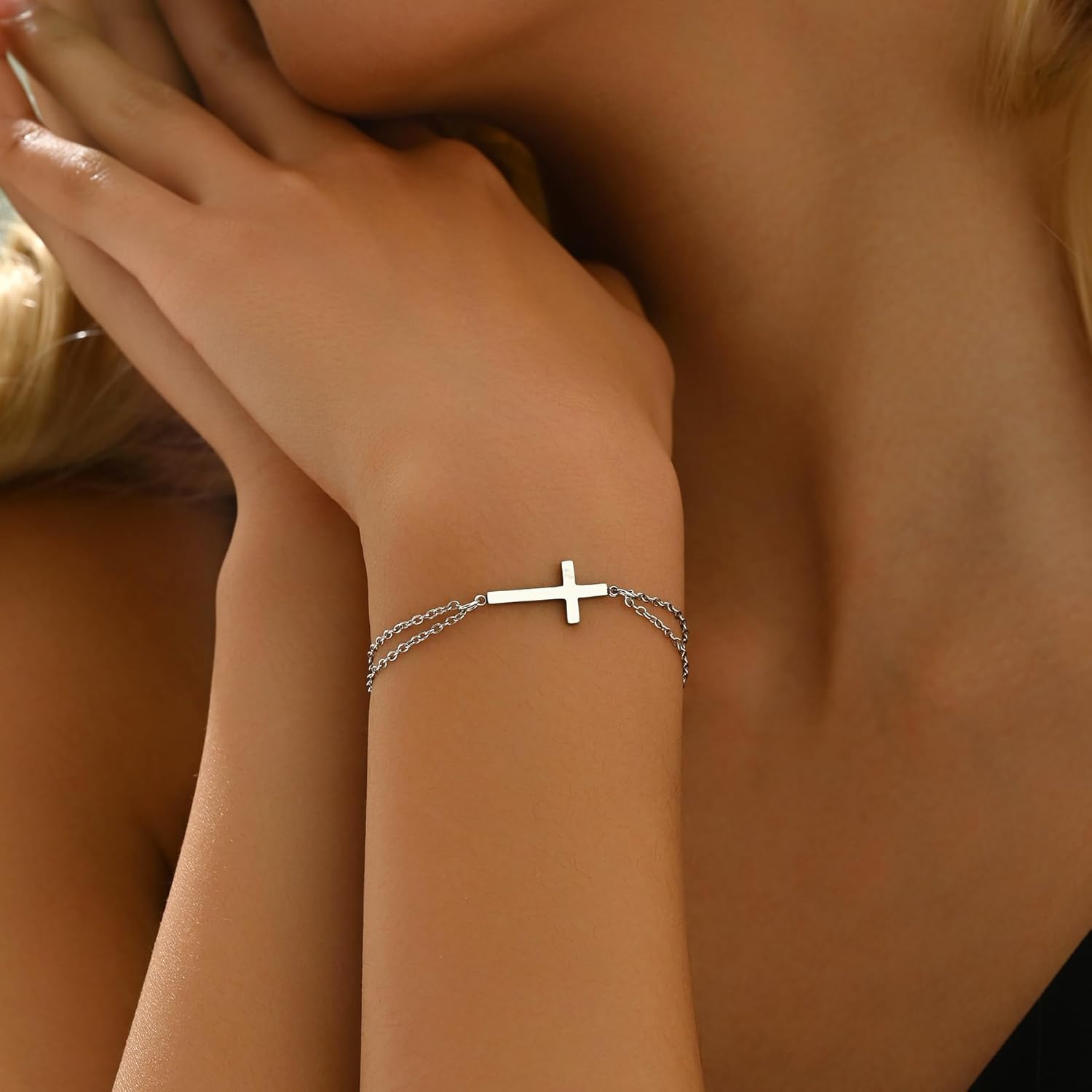 Cross Bracelet for Women, 18K Gold Plated Dainty Pearl Beaded Cross Bracelets, Adjustable Stainless Steel Trendy Wedding Bridesmaid Jewelry, Christmas Gifts - Image 4