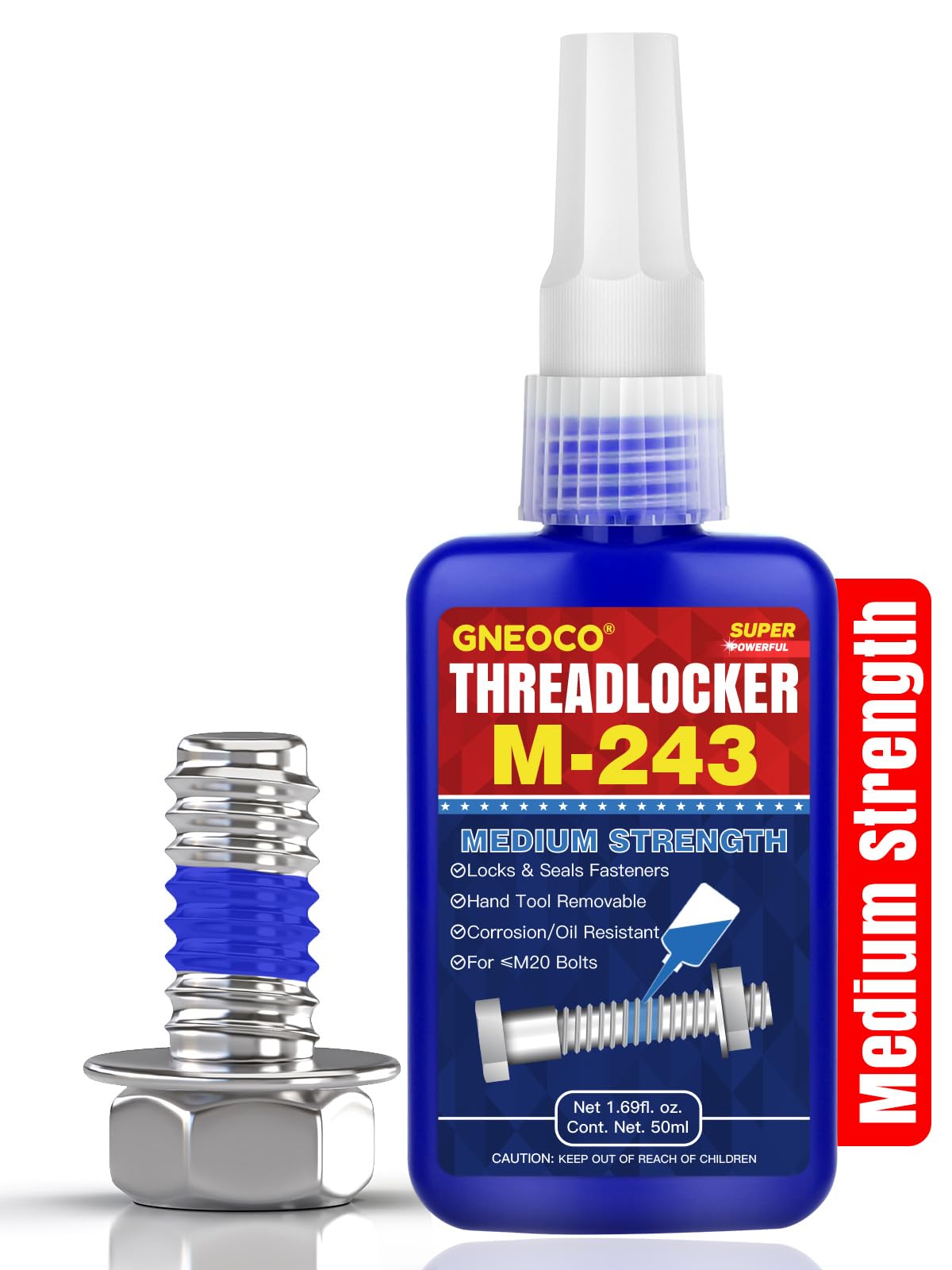 ThreadLocker Blue, Thread Lock Medium Strength Lock Tight for Nuts, Bolts, Fasteners and Metals, Anaerobic Curing Metal Glue to Prevent Loosening and Corrosion (M243-50ml)