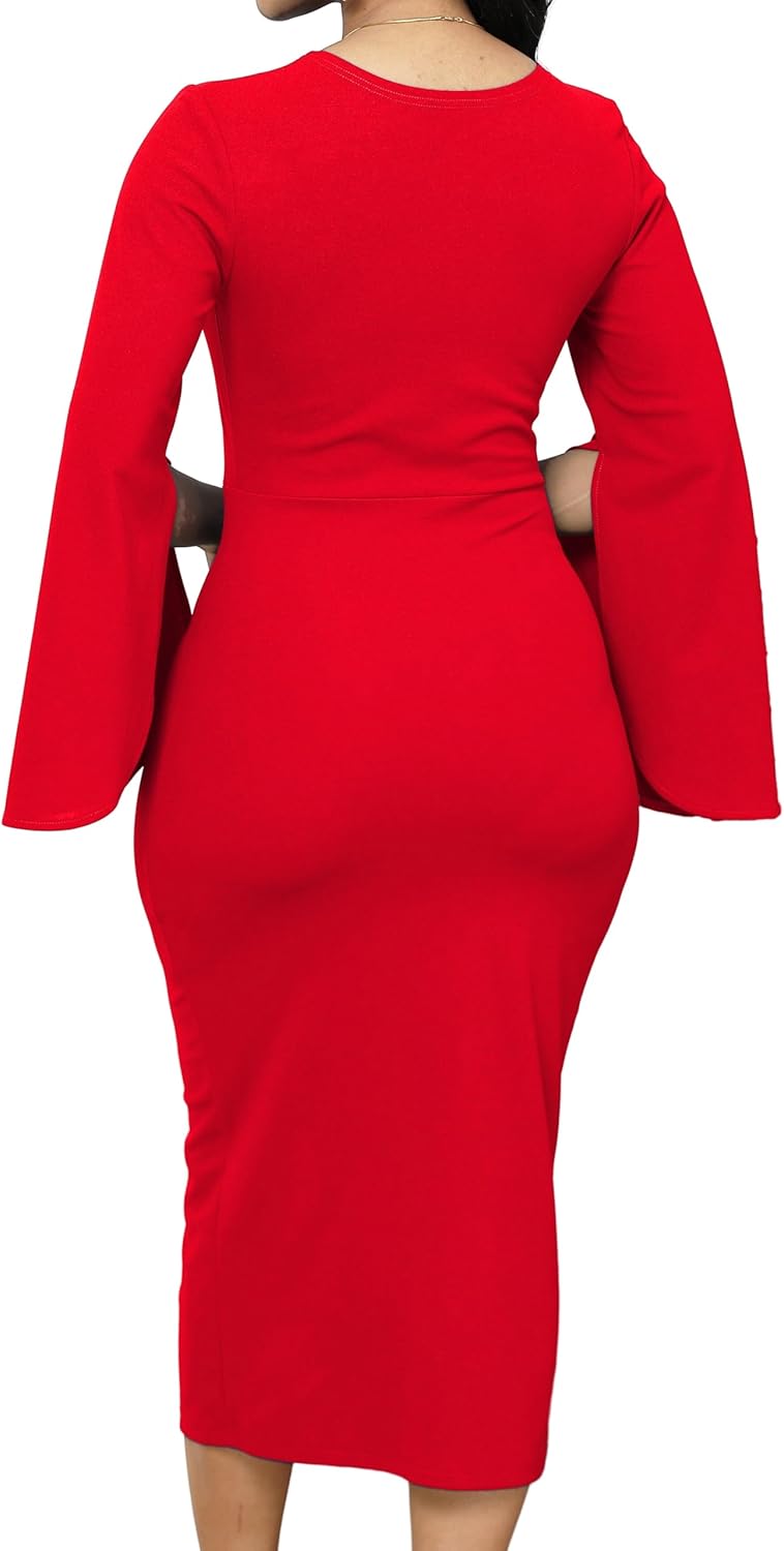 Women Church Dresses Bodycon Work Dress Bell Long Sleeve Round Neck Business Pencil Dresses - Image 2