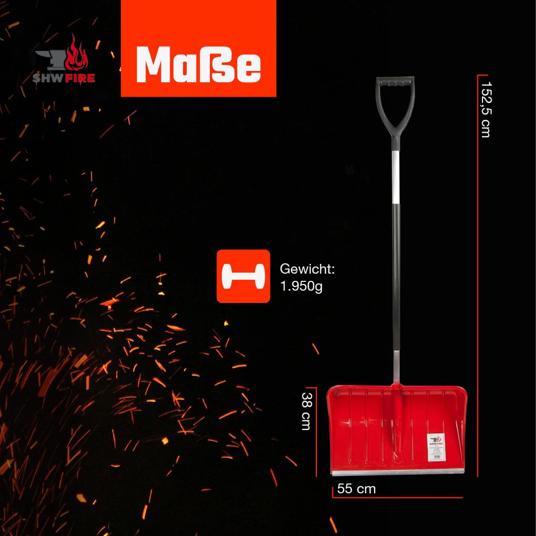 SHW-FIRE | Pelle à neige ergonomique 55 cm, pelle en plastique renforcé, bord de protection en aluminium, manche détachable de 128 cm avec poignée en D, pelle à neige légère et robuste | Fabriqué en