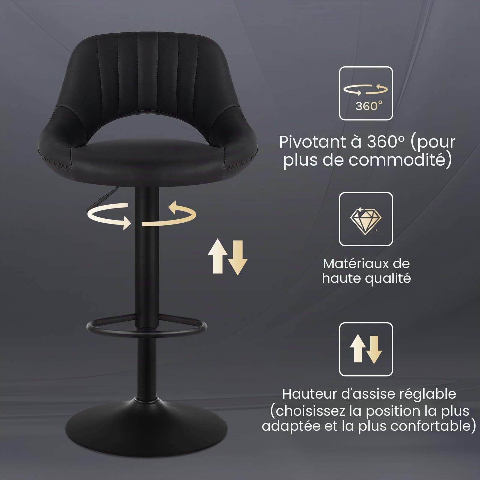 EUGAD Tabourets de Bar Lot de 2, Rotatif à 360 °et réglable en Hauteur,Tabouret de Cuisine, en Similicuir, Anthracite 0666BY-2