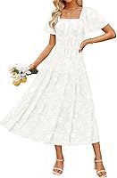 ZESICA Women's Summer Boho Floral Midi Dress - Short Sleeve Square Neck Flowy Beach Vacation Dress