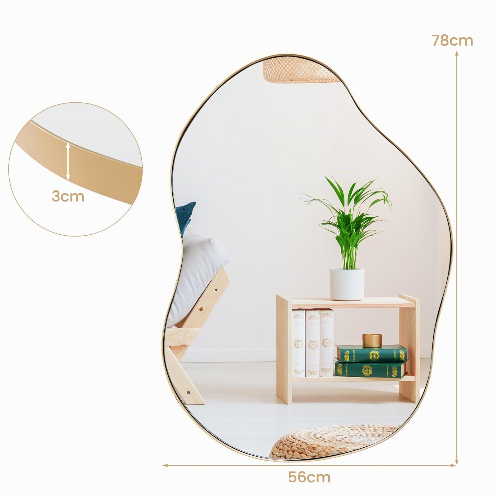 LIFEZEAL Espejo Decorativo de Pared, Espejo de Baño de Forma Irregular con Marco de Metal, Espejo asimétrico para Colgar en el Dormitorio, 56 x 78 cm (Dorado)