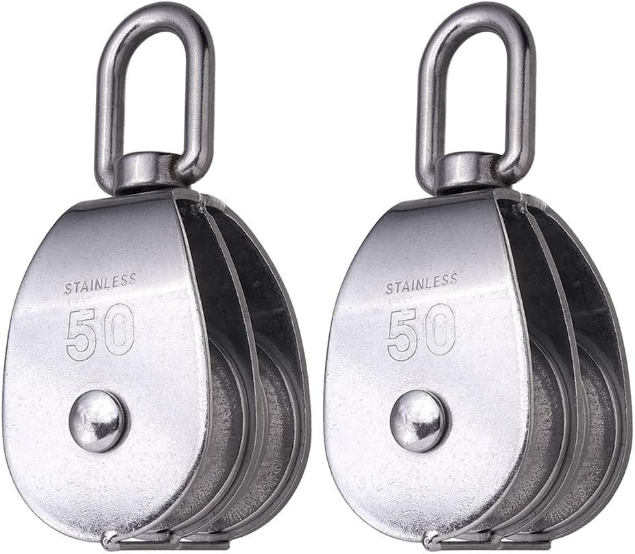 Rocaris 2 Pack M50 Lifting Double Pulley Block 304 Stainless Steel Crane Swivel Hook Roller Loading 880 lb Capacity