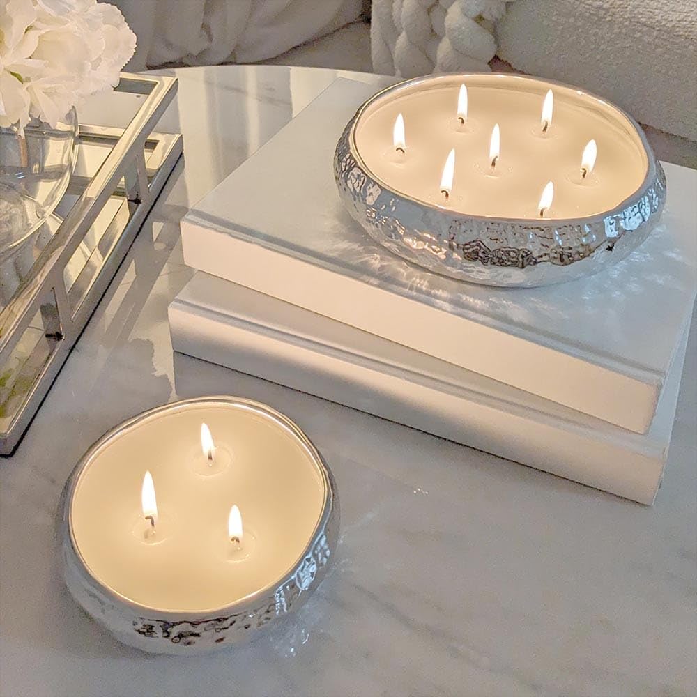 Rowen Homes Silver Aeolian Vanilla Scented Candle Set Of 2 In Hammered Champagne Bowl - Luxurious Soy Wax Table Centrepiece, Perfect Home Decoration Gift - Luxury Interiors By (Silver)