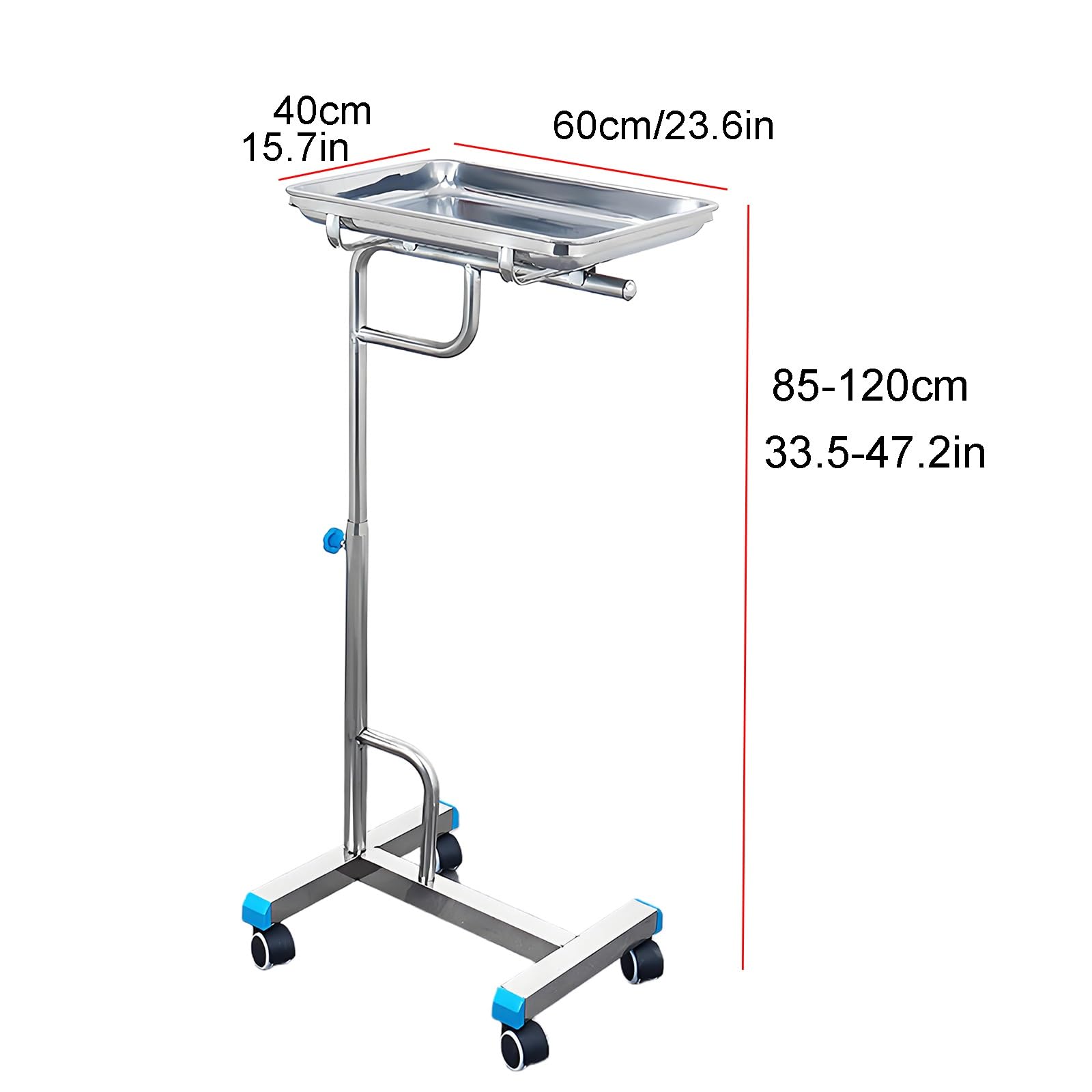 Carro de Bandeja Móvil de Acero Inoxidable Mayo, Altura Ajustable de 85 a 120 cm, para Laboratorio, Clínica, Salón de Belleza(60x40x(85-120) cm)