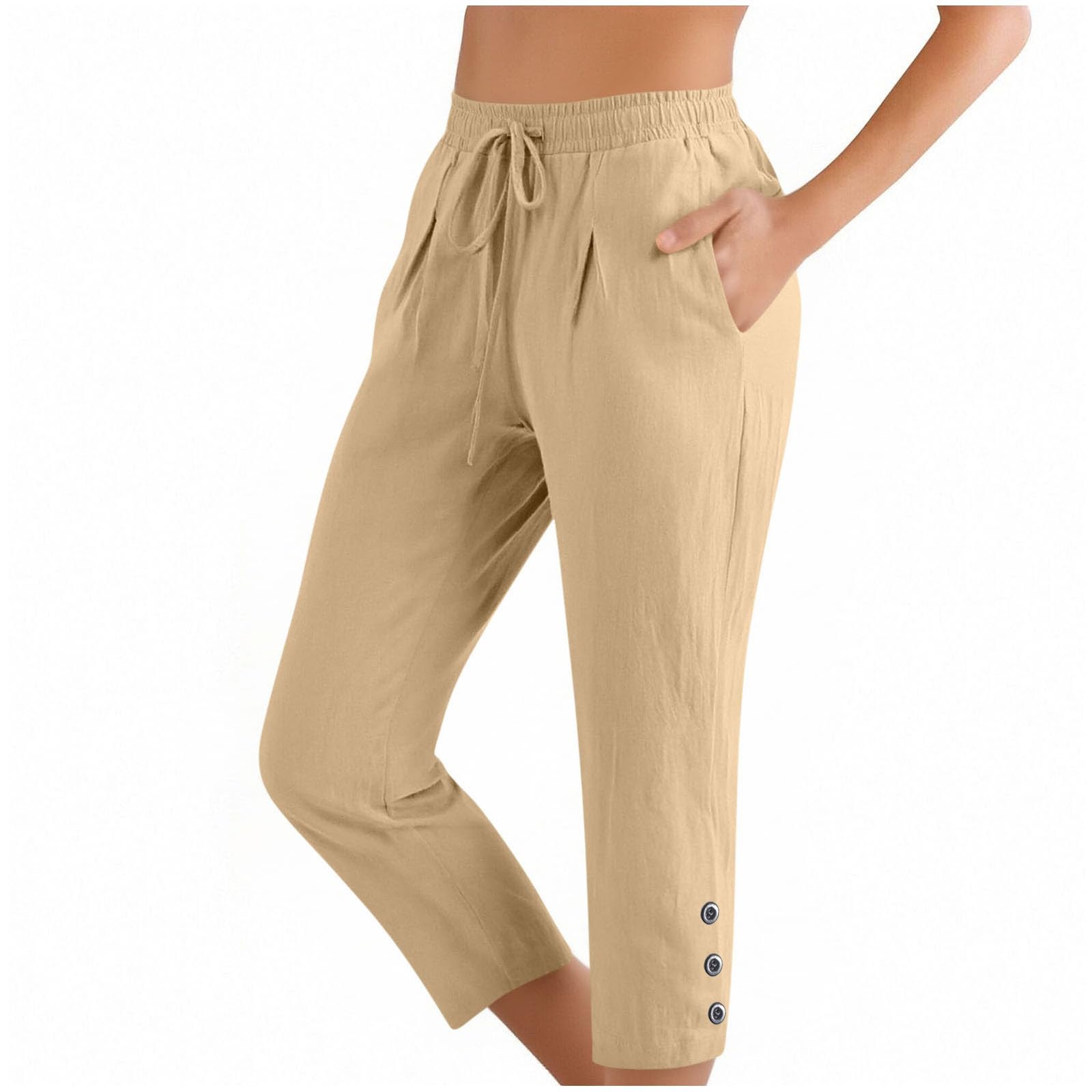 Summer Cotton Linen Capri Pants for Women High Waist Drawstring Straight Leg Capris Casual Beach Cropped Lounge Pant - 5