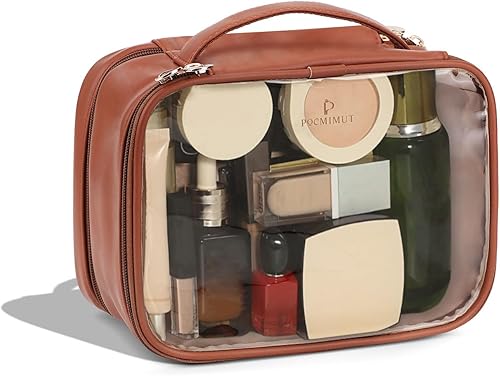 Pocmimut Bolsa de maquillaje, bolsa de maquillaje transparente de piel sintética, bolsa de maquillaje de viaje, artículos esenciales para mujeres,