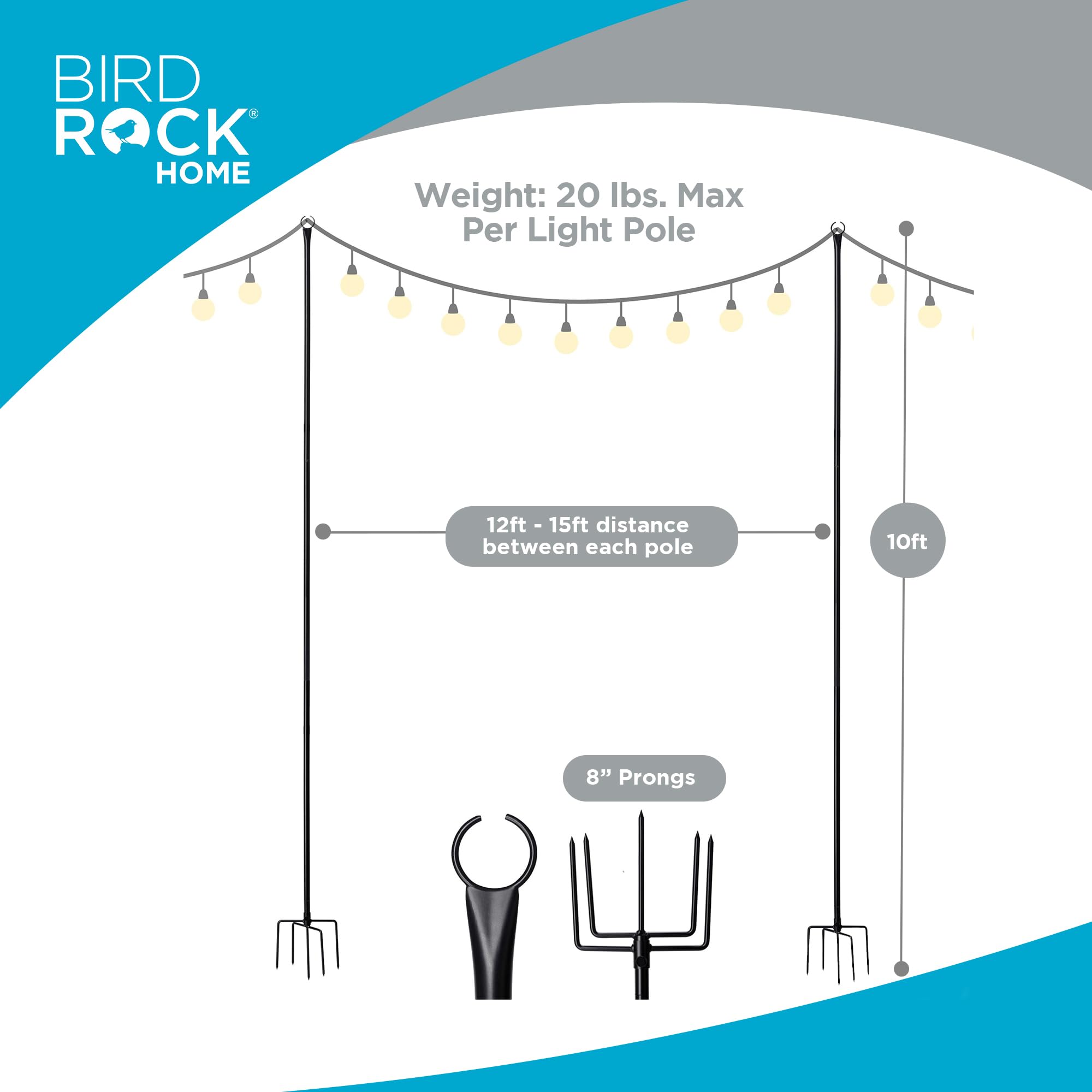 BIRDROCK HOME Lot de 2 poteaux pour guirlandes lumineuses d'extérieur – Résistants aux intempéries, durables, faciles à installer, poteaux robustes pour jardin, terrasse et arrière-cour – 3 m, noir