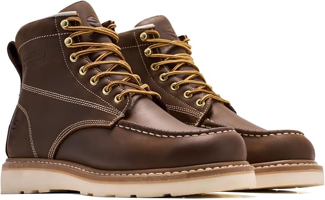SUREWAY 6in Wedge Moc Soft/Steel Toe Work Boots for Men,Premium Full-Grain Leather,GoodyearWelt,Safety Work Boots/Shoes,Comfort Insole,Oil/Slip Resistant,EH Industrial Construction