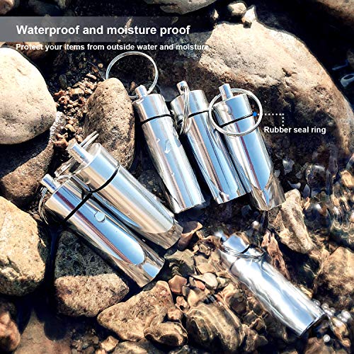 TEESHLY 6 Pcs Pill Box with Keychain, Aluminum Waterproof Pill Case Organizer Drug Storage Holder Container for Outdoor Travel Camping (Flat Bottom, Silver) - Thumbnail 2