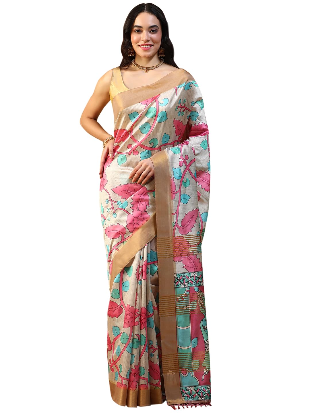 Ethnic Motif Digital Print Kosa Silk Saree with Blouse Piece for Daily and Work Wear-image-3
