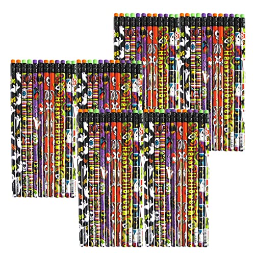 Gigesute 72 Unids Lápices de Halloween Lindos Lápices de Madera con Borrador Varios Patrones Surtidos Papelería de Vacaciones Fantasma Murciélago Araña Lápices Favores niños Oficina Escuela Cover