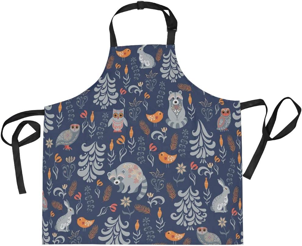 Tarity Flowers Animals Raccoons Owls Aprons for Women Adjustable Bib Apron With 2 Pockets Extra Long Ties Apron For Kitchen Cooking Baking Chef Gardening Painting