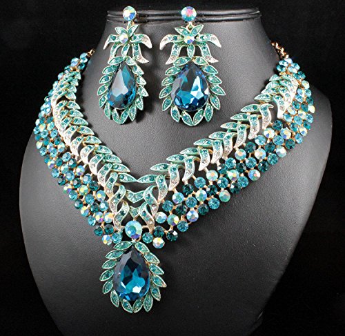 Janefashions Vine Leaves Austrian Rhinestone Crystal Necklace Earrings Set Bridal Teal N812T #TOP4