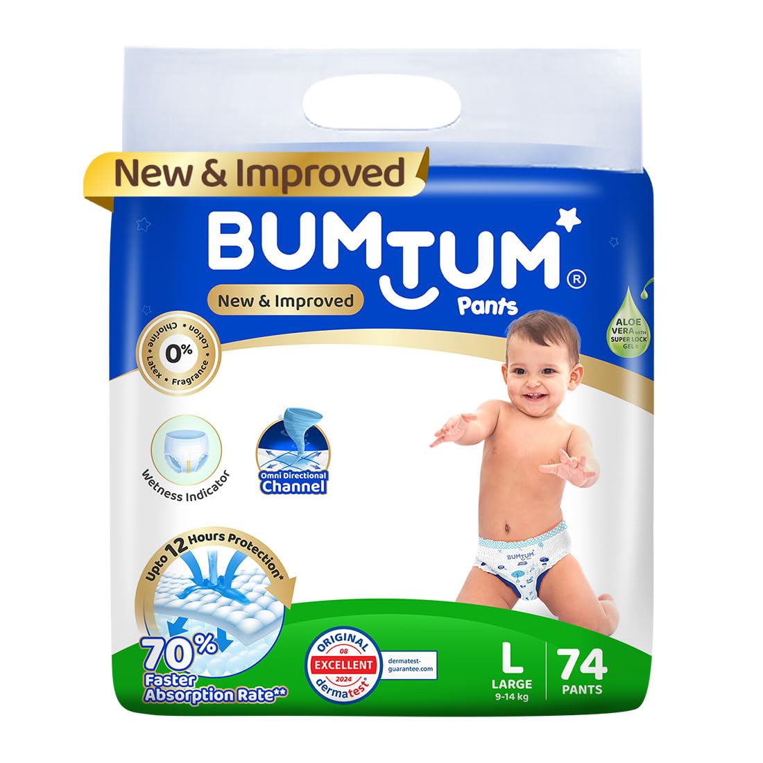 Bumtum Baby Diaper Pants, Large Size, 74 Count, Double Layer Leakage Protection Infused With Aloe Vera, Cottony Soft High Absorb Technology