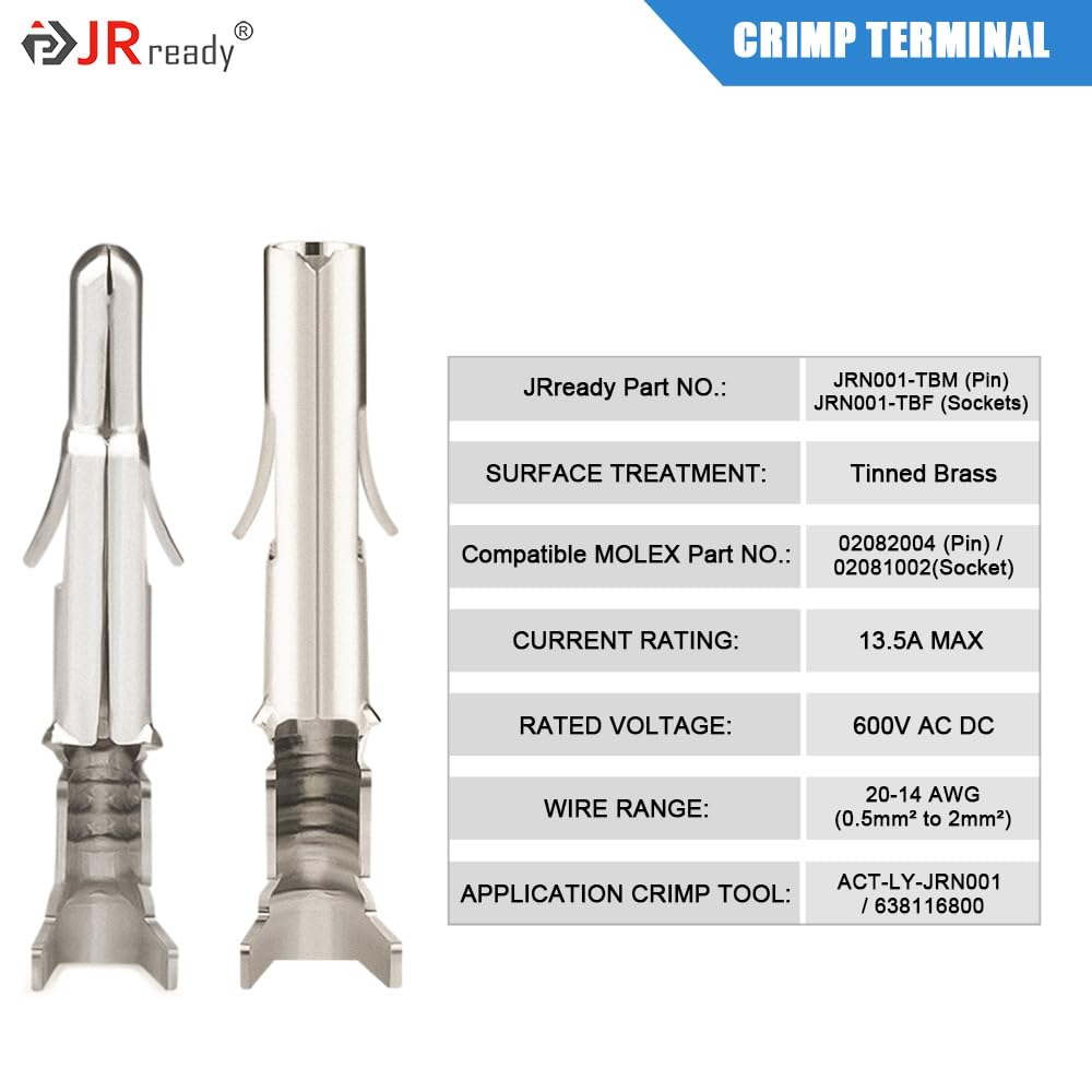 JRready ST6423 50Pairs MLX 2.13mm Diameter Crimp Terminals, Pin and Sockets 14-20AWG, Compatible with Molex MLX +ST6512 160Pcs MLX 2Pin 3 Pin Connector Kit