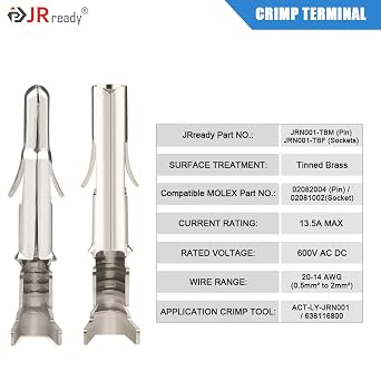 JRready ST6423 MLX 2.13mm Diameter Crimp Terminals, Pin and Sockets 14-20AWG, Compatible with Molex MLX Male & Female Crimp Terminals (50 Pair)