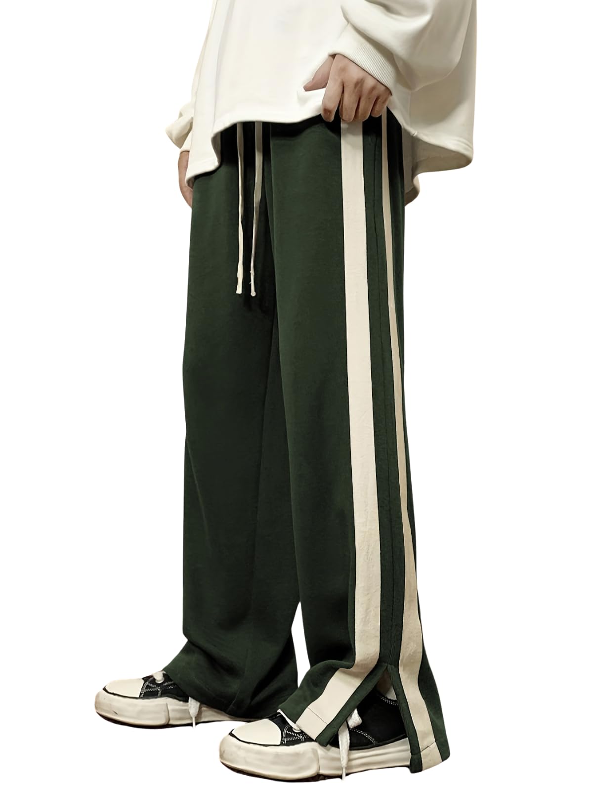 GRECIILOOKS Men’s Wide Leg Track Pants with Contrast Side Panel, Relaxed Drawstring Fit Streetwear Trousers, Poly Blend Casual Joggers (GL-CG-6010-3XL-GREEN)