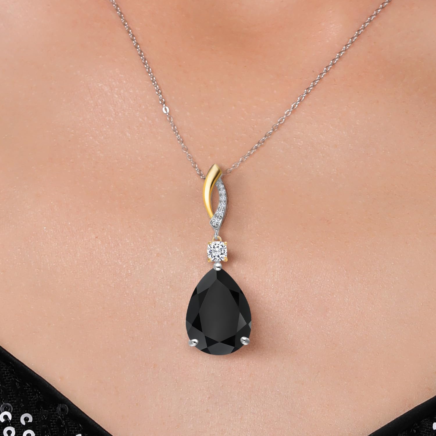 Gem Stone King 20.49 Cttw Black Onyx White Moissanite and Lab Grown Diamond Pendant Necklace for Women | 925 Silver and 10K Yellow Gold | Gemstone Birthstone | Pear Shape 18X13MM | 18 Inch Chain