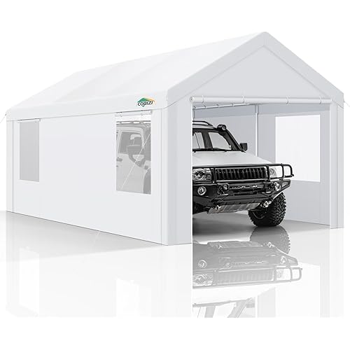COBIZI Carports 10x20 Heavy Duty Car Canopy Garage with Removable Sidewalls & Doors, Galvanized Frame Portable Carport Canopy with Built-in Sandbags & All-Season Tarp for Car Boat Truck, White