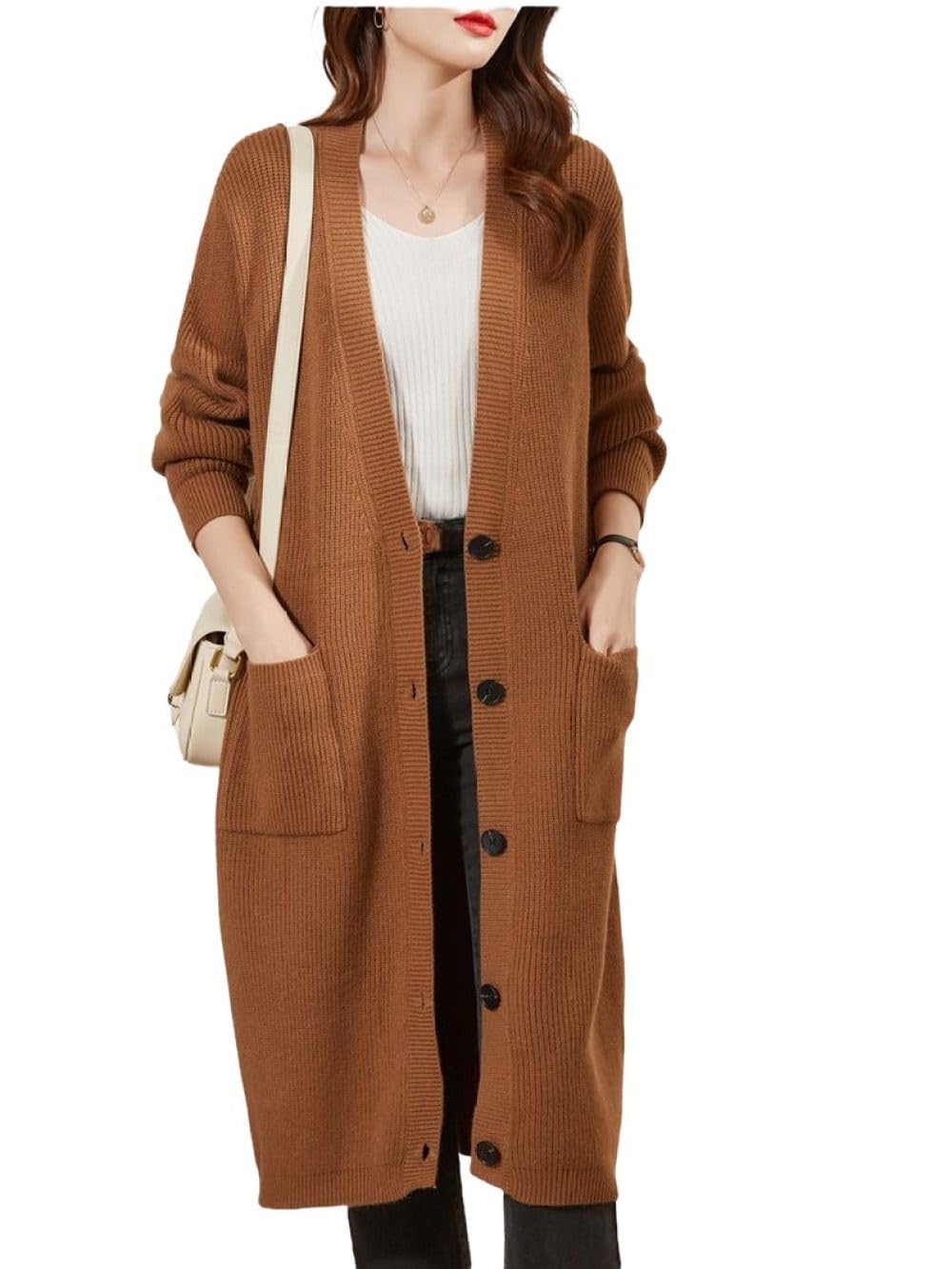 Cárdigan Largo de Punto para Mujer, Cárdigan Largo con Botones Delanteros Abiertos Y Bolsillos de Lana Mezclada para Otoño E Invierno, Chaqueta de Punto Cálida, Suéter, Ropa de Abrigo.