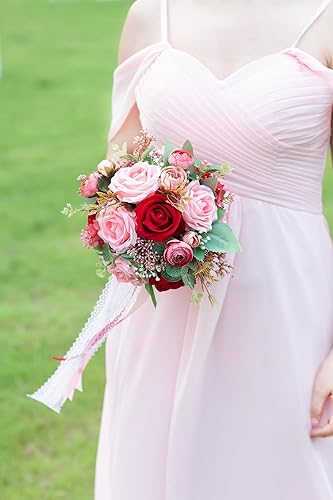 Miniatura 3 de Ramos de boda rojos y rosas para novia, ramo de dama de honor, rosas artificiales, ramo de novia para boda, iglesia, decoración del hogar, regalos