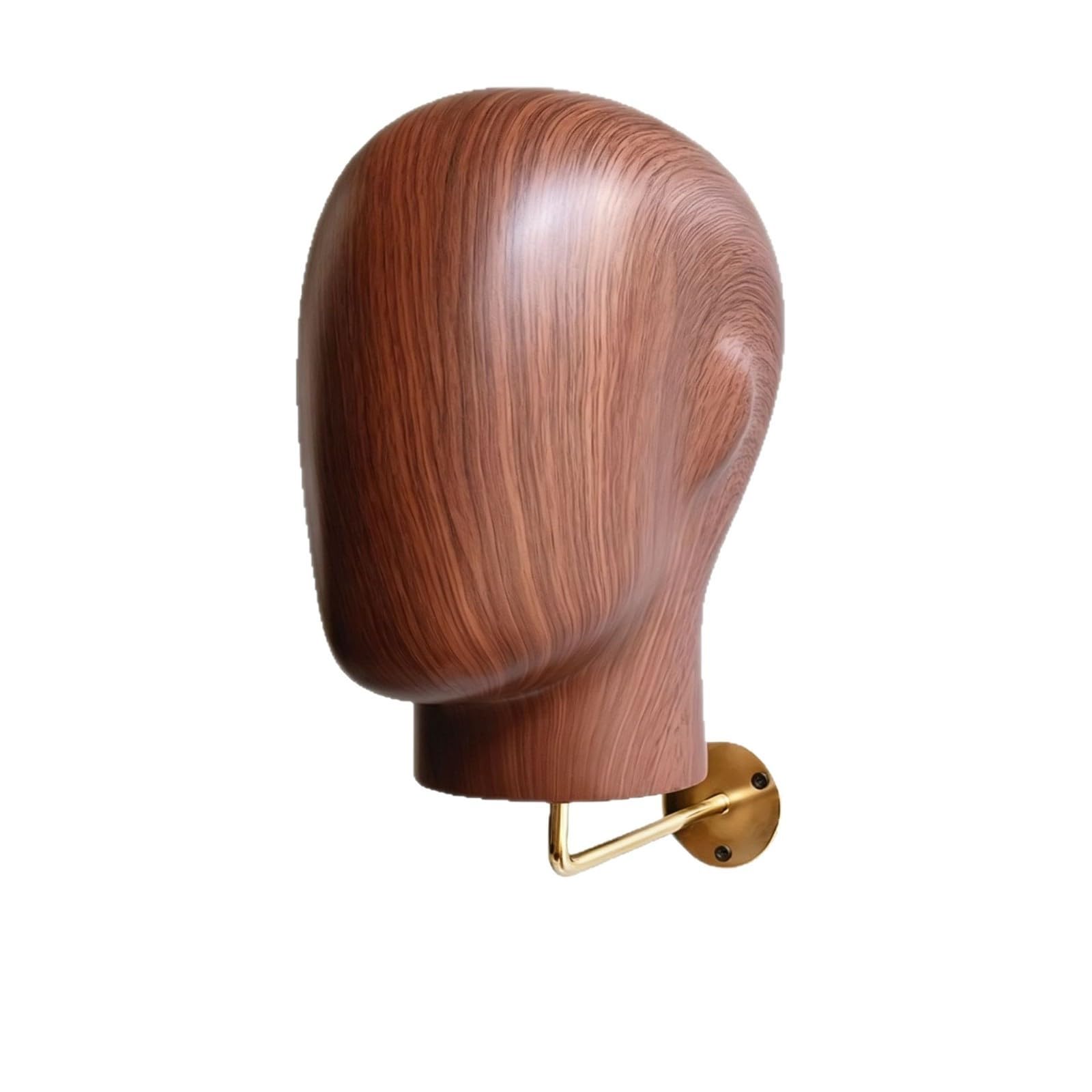 Almencla Wandmontierter Hutständer Kopfstütze Büste Displayhalter Kopfmodell mit Metallwandhalterung Und Holzoptik für Einzelhandel Studio Zuhause , Holzmaserung Kopfmodell Mit Goldenem Haken