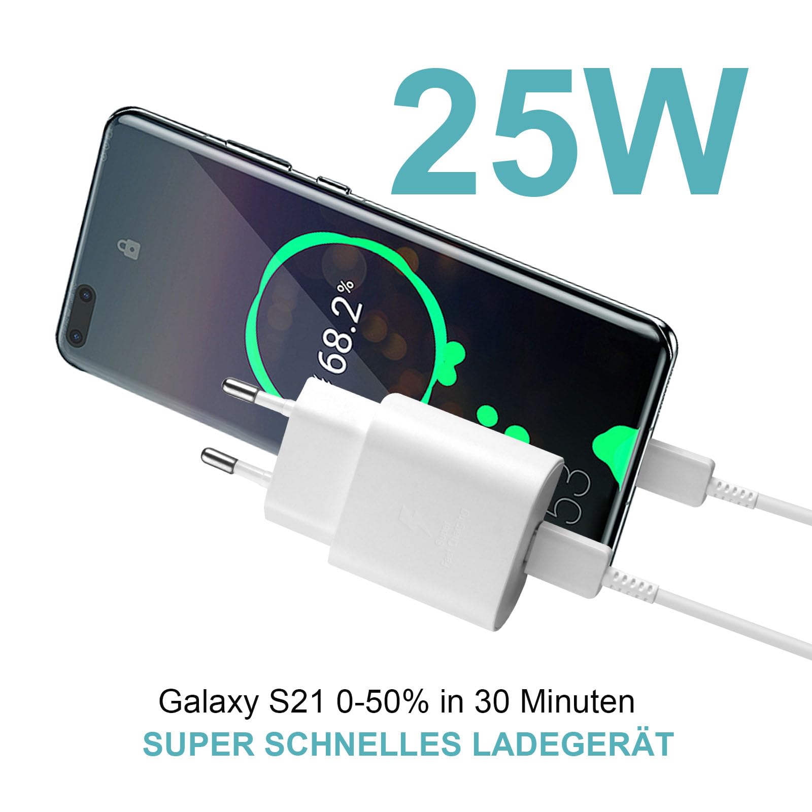 25W Caricatore USB C Rapido Caricabatterie per Samsung Galaxy S24, S24+, S23, S22 Ultra, S21, S20, A54, A53, A14, Fold5, Flip 5, Note10 Rapida USB C Carica Alimentatore Presa con 2M Cavo - Bianco