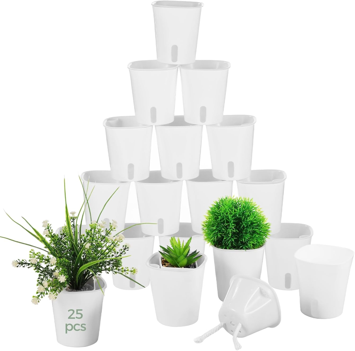 OMISTAR 25 Pack 3 Inch Self Watering Pots for Indoor Plants, Small White Plastic Planter with Water Level Indicator, Vents & Drainage Holes, for Succulents, Herbs, Flowers