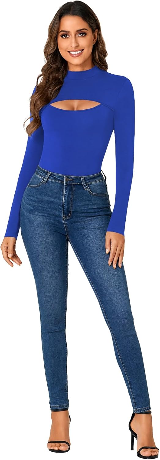 LYANER Women's Mock Neck Sexy Cutout Front Long Sleeve Slim Fit Bodysuit Leotard Top