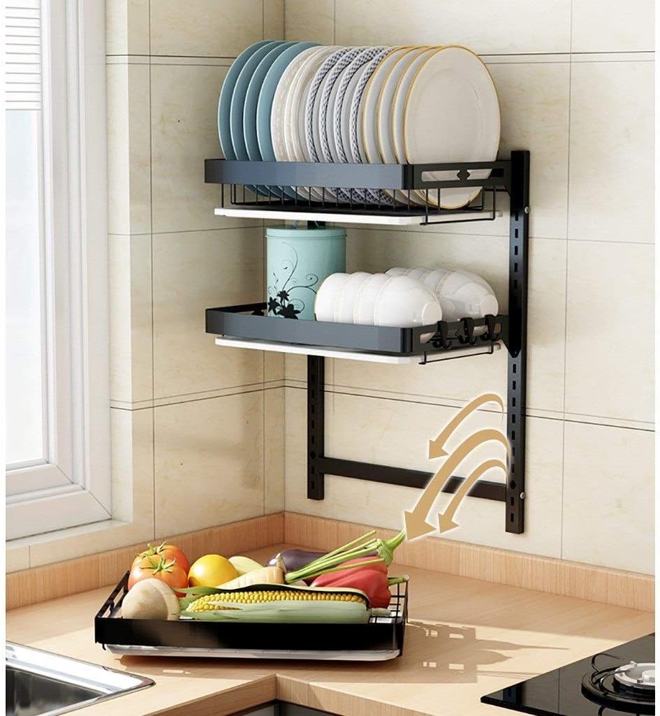 Dish Drying Rack Dish Drying Racks,Wall-Mounted Storage Rack for Drying Dishes,3-Layer Stainless Steel Dish Rack,Kitchen Storage Rack with Chopstick Holder and Holder
