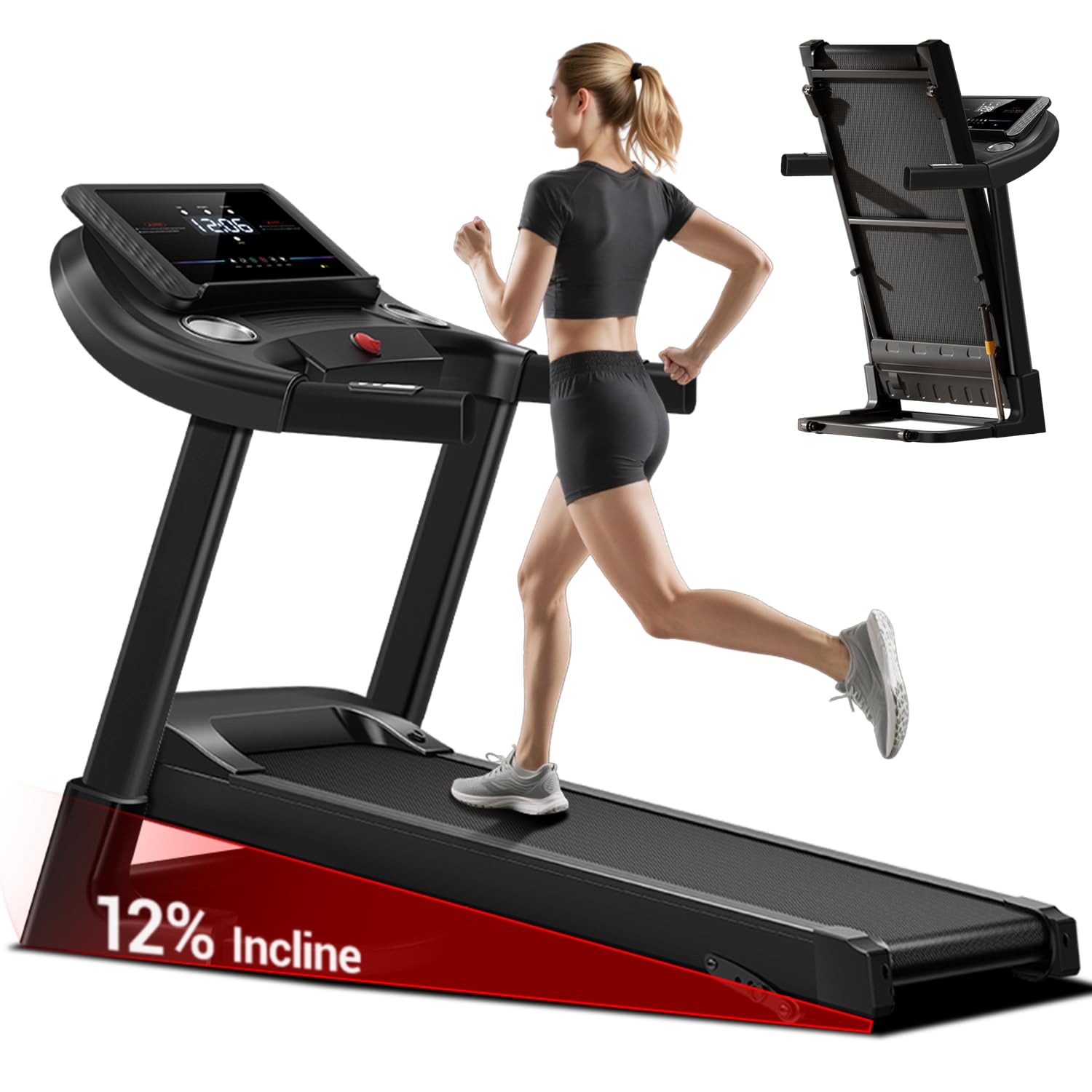 Auto-Folding 12% Incline Treadmill with Pulse Sensors, Treadmills with Home, 3.0 HP Quiet Brushless, Max 8.7 MPH Speed, 300 lbs Weight Capacity