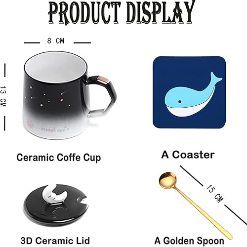 Miniatura 2 de Arawat Taza de café Kawaii con tapa y cuchara de 14.2 fl oz14 onzas, taza de cerámica Kawaii Moon Star para chocolate, leche, café con leche,