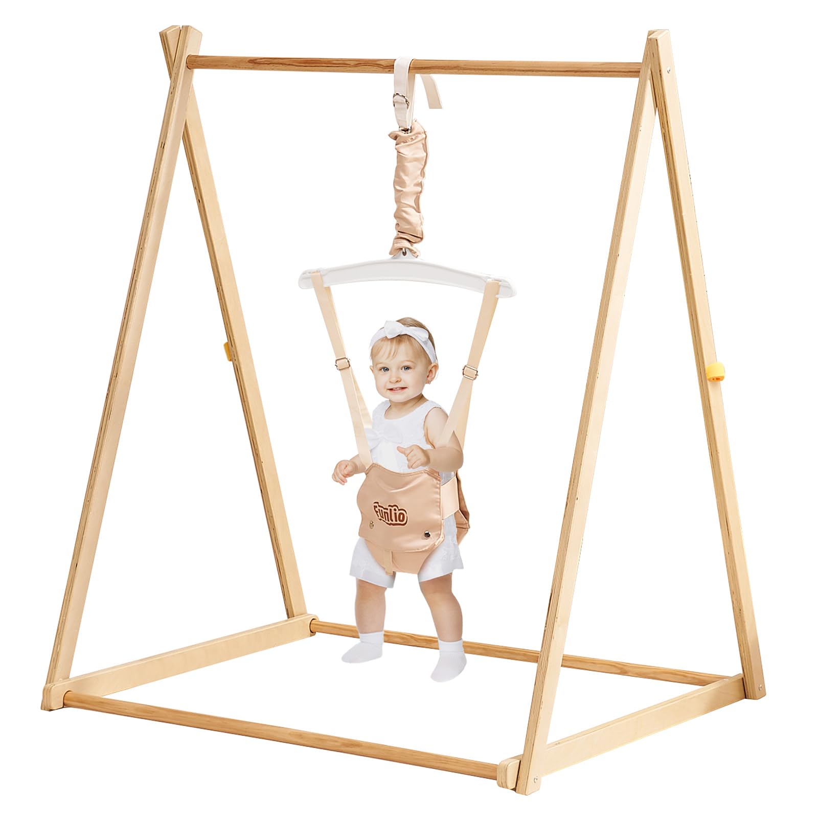 FUNLIO Montessori Wooden Baby Jumper with Stand for 6-36 Months, Adjustable Baby Bouncer for Indoor/Outdoor Play, Foldable Toddler Jumper 