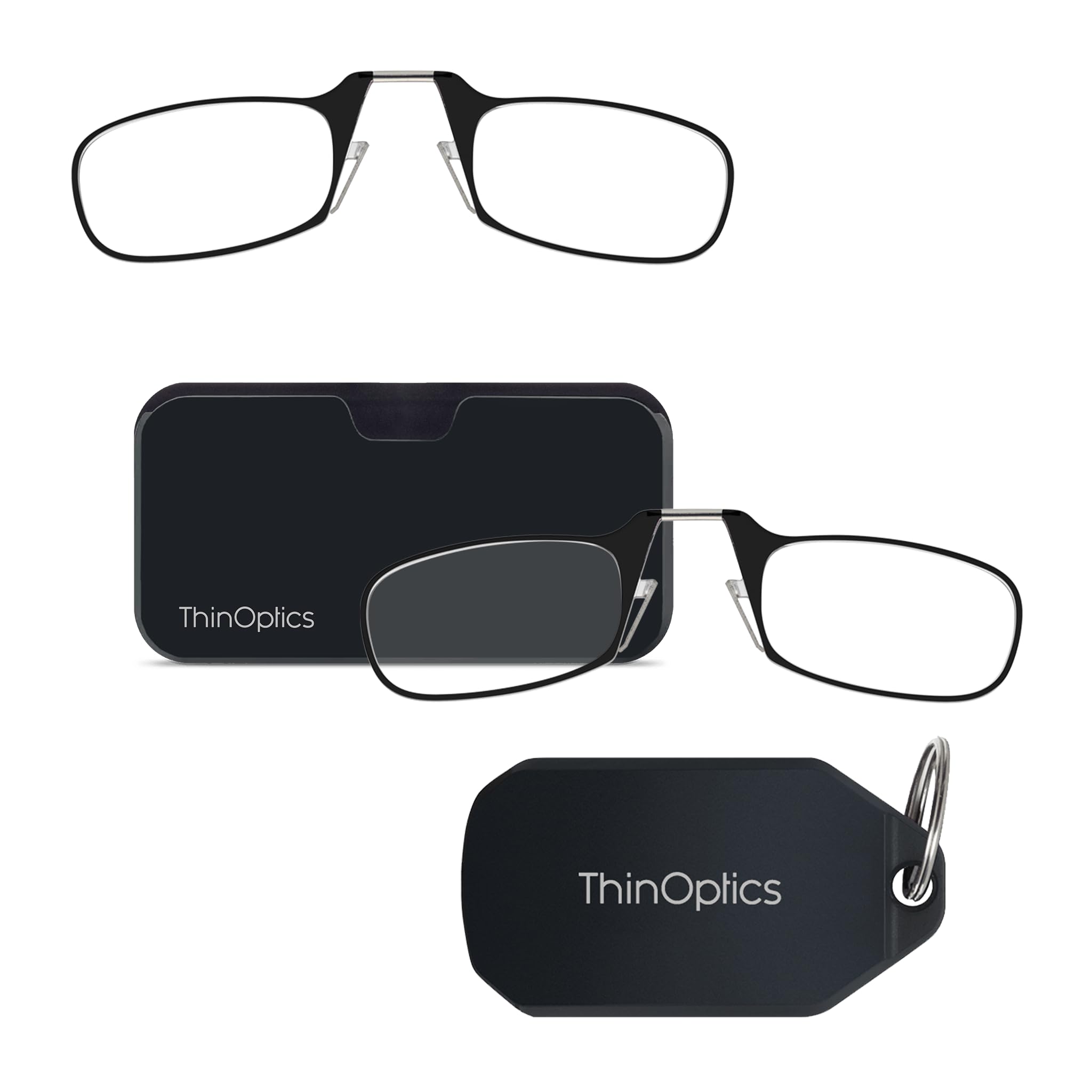 ThinOptics Best Sellers Bundle - Armless On-Nose Reading Glasses with Case for Phone & Readers Keychain Case