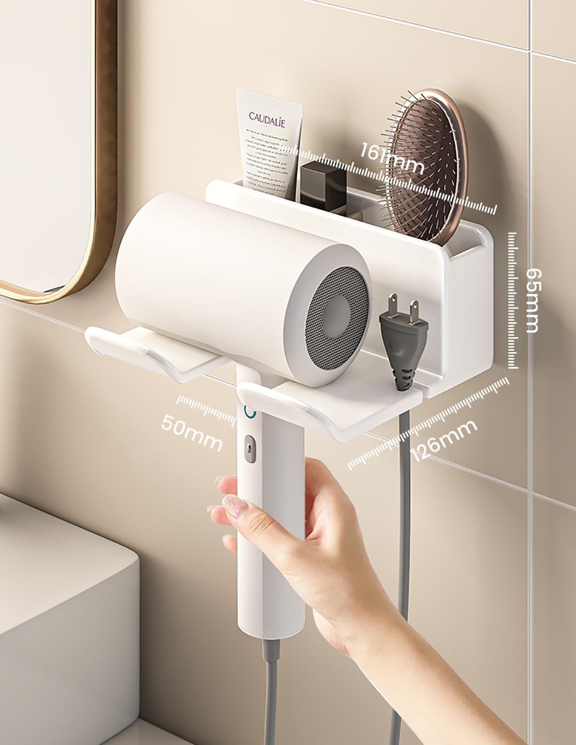 Porta Phone Bagno da Muro Adesivo, Porta Asciugacapelli, Supporto per Asciugacapelli per Bagno 2 Scomparti e Portacavi (16*6.5*12.6CM)
