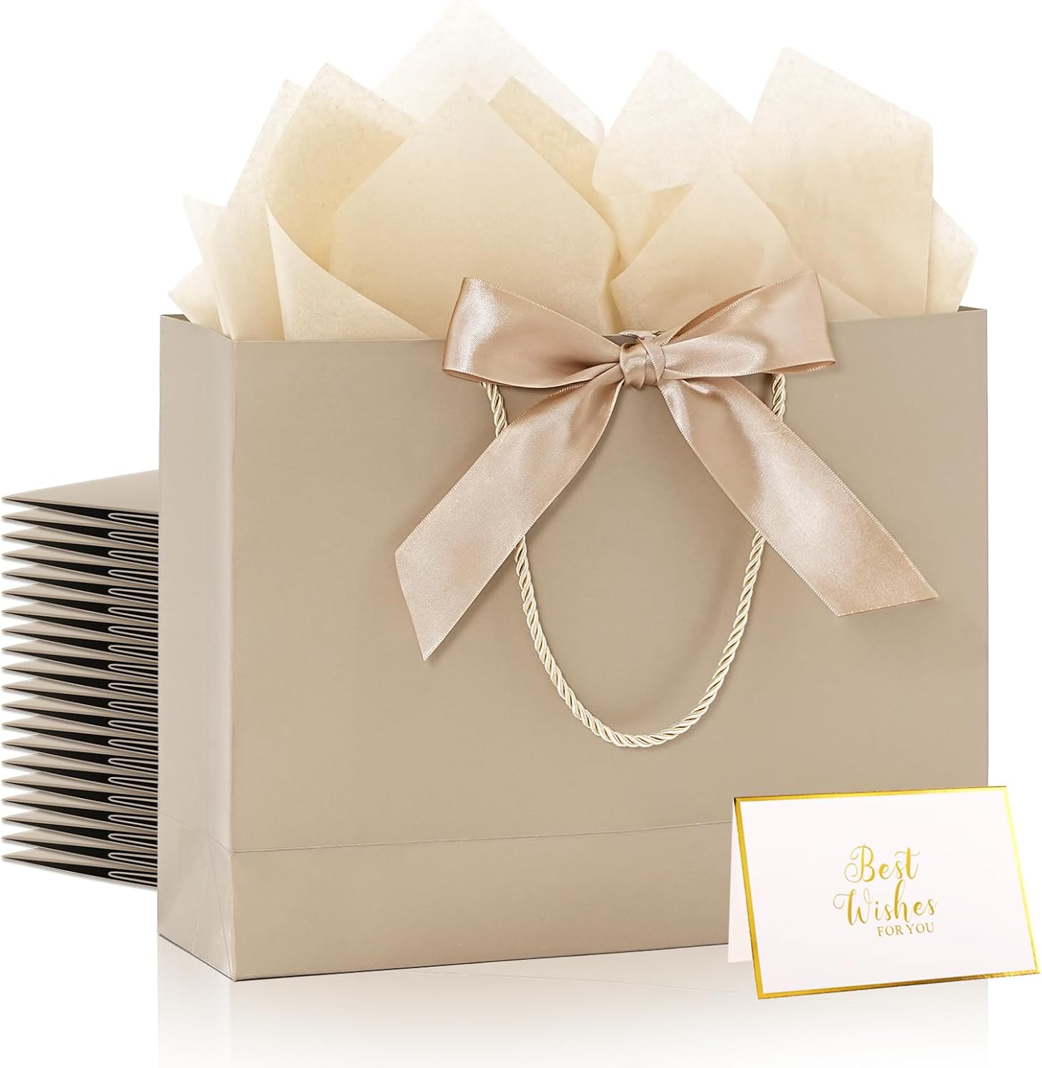 Addblu 12 Pack Large Gift Bags with Handles & Tissue Papers, 12.6×10×4 Inches Thank You Gift Bags with Cards for Mother’s Day, Birthday, Baby Shower, Wedding & Bridesmaids (Champagne Gift Bag, 12 PCS)
