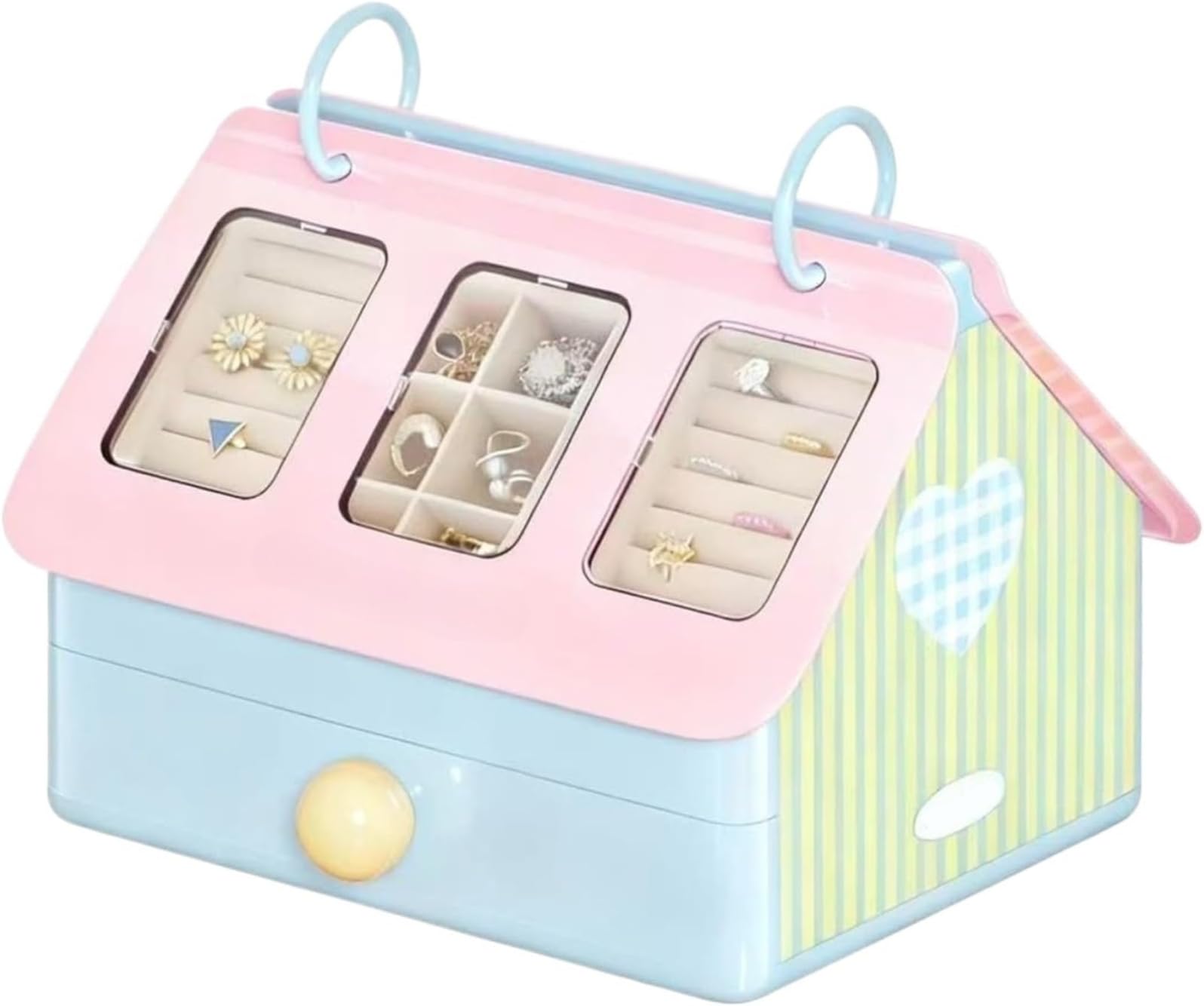 Multi-Compartment Clear View Storage Box With Pull-Out Drawer, House-Shaped Organizer For Rings And Earrings(Color1)