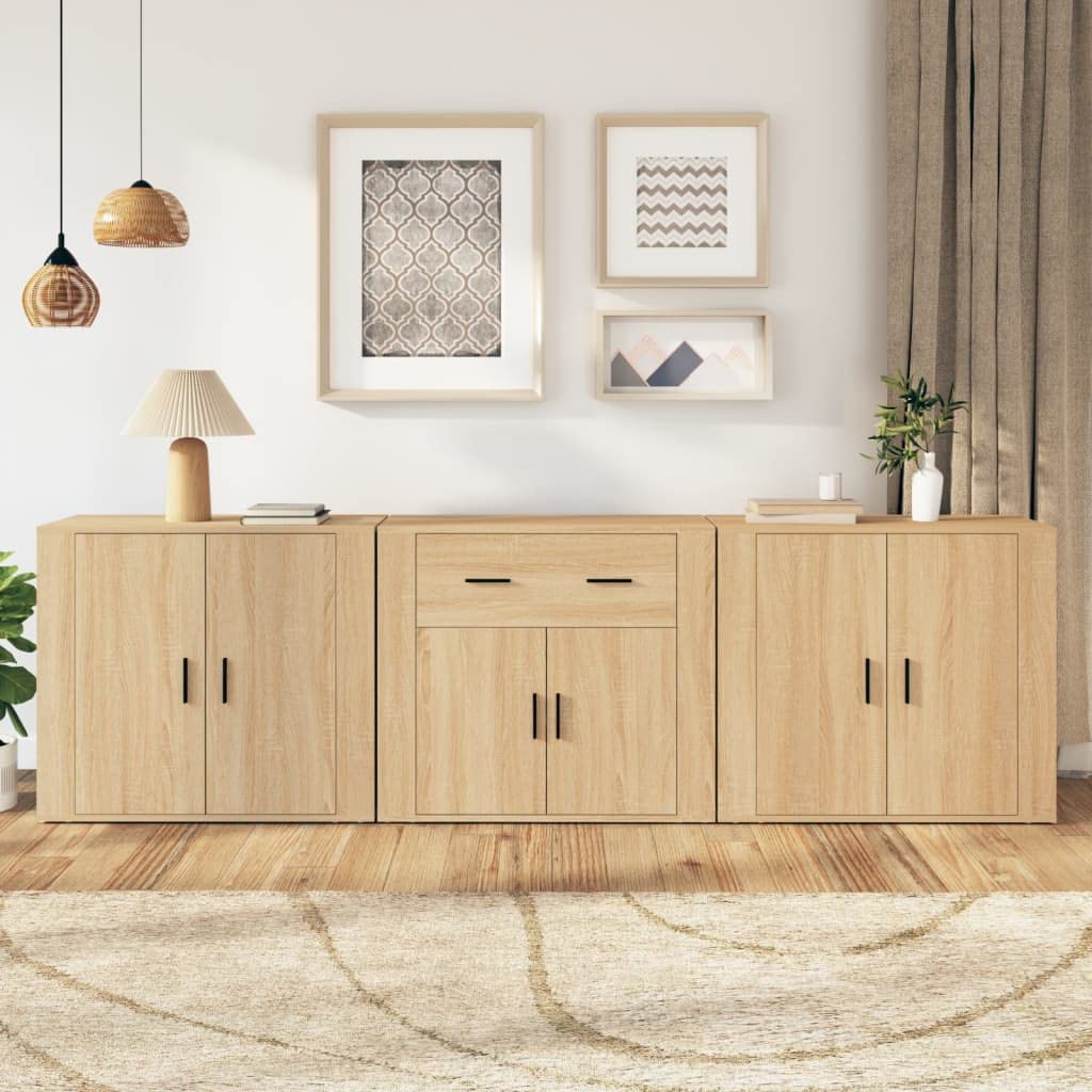 Kredens zestaw 3 szt. dąb Sonoma materiał drewnopochodny, 80 x 33 x 70 cm, uniwersalna przestrzeń do przechowywania, szafa do salonu, kuchni, korytarza, nowoczesny design, trwała i odporna na
