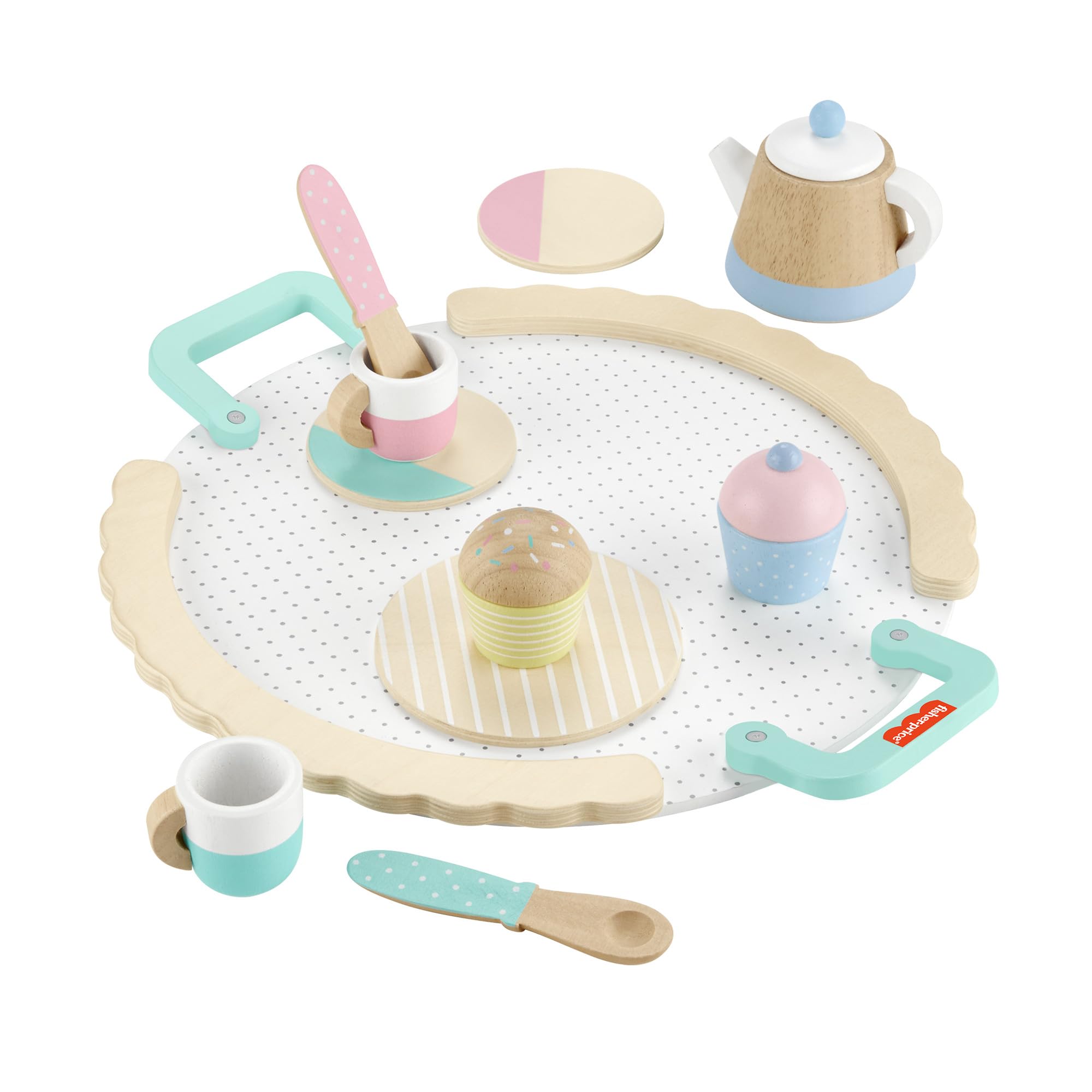 Fisher-Price Wood Pretend Play Toy Tea Set, 12-Piece Wooden Playset with Teapot, Cups & Saucers for Preschool Kids Ages 3+ Years, HXT82