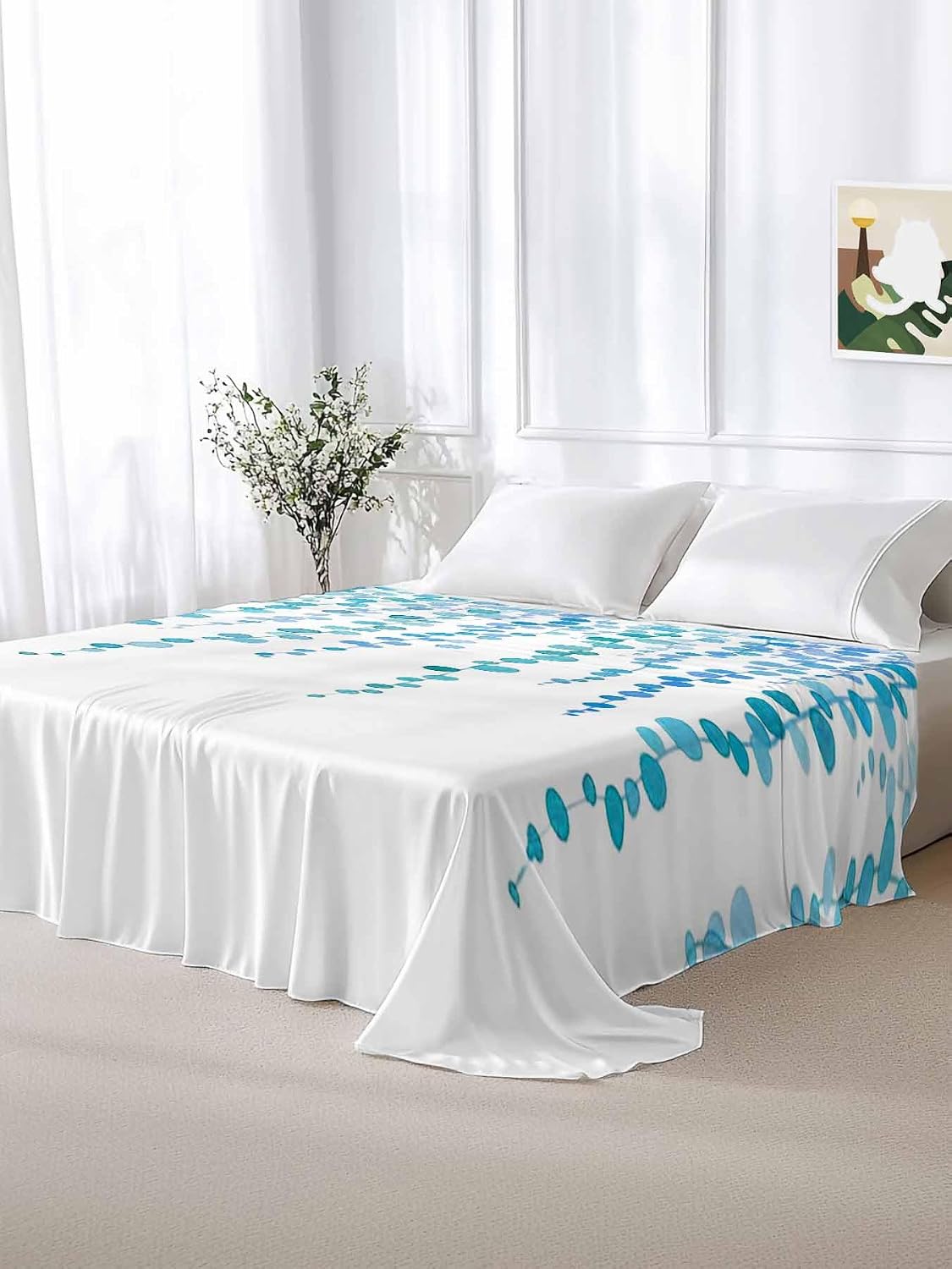 Top Sheet Full Bedding Flat Sheet Only, Watercolor Green Point Microfiber Bed Sheets Soft Breathable Bedding Flat Sheets, Abstract Plants Hotel Luxury Top Sheets