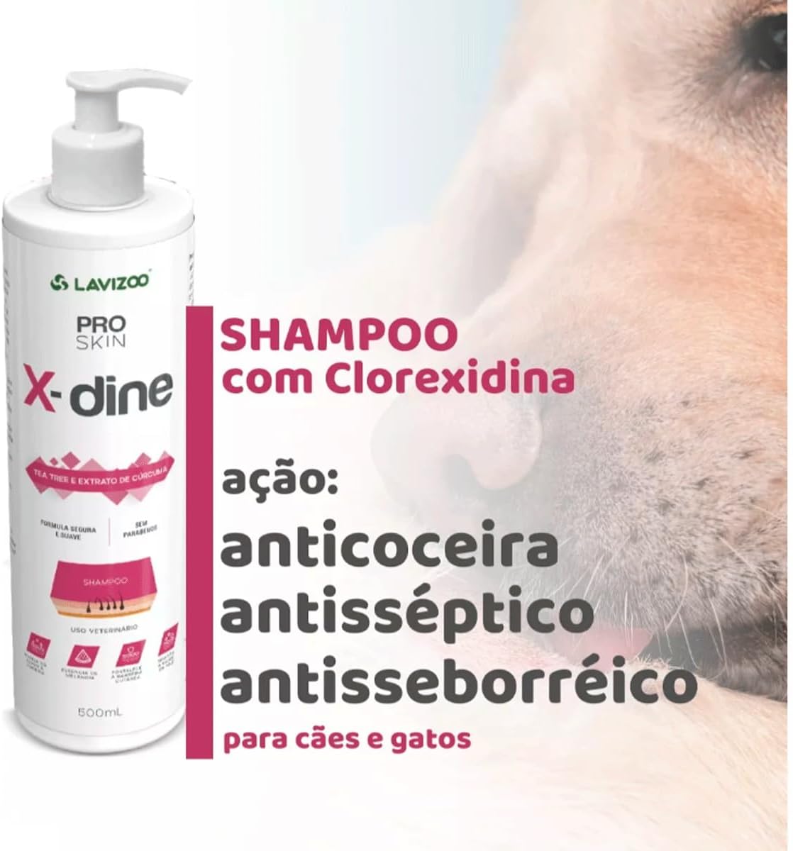 Shampoo X-Dine Lavizoo para Cães e Gatos – Antifúngico, Antisséptico e Anti-inflamatório, com Clorexidina e Tea Tree – Alívio para Coceira e Tratamento de Infecções de Pele Pet