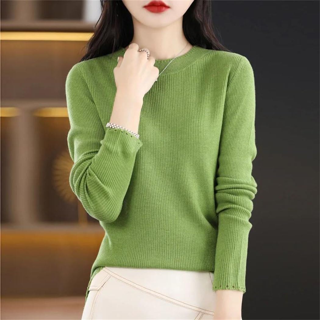 Women's Spring Wool Crewneck Sweater Solid Color Casual Slim Bottoming Shirt Long Sleeve Ribbed Knit Pullover