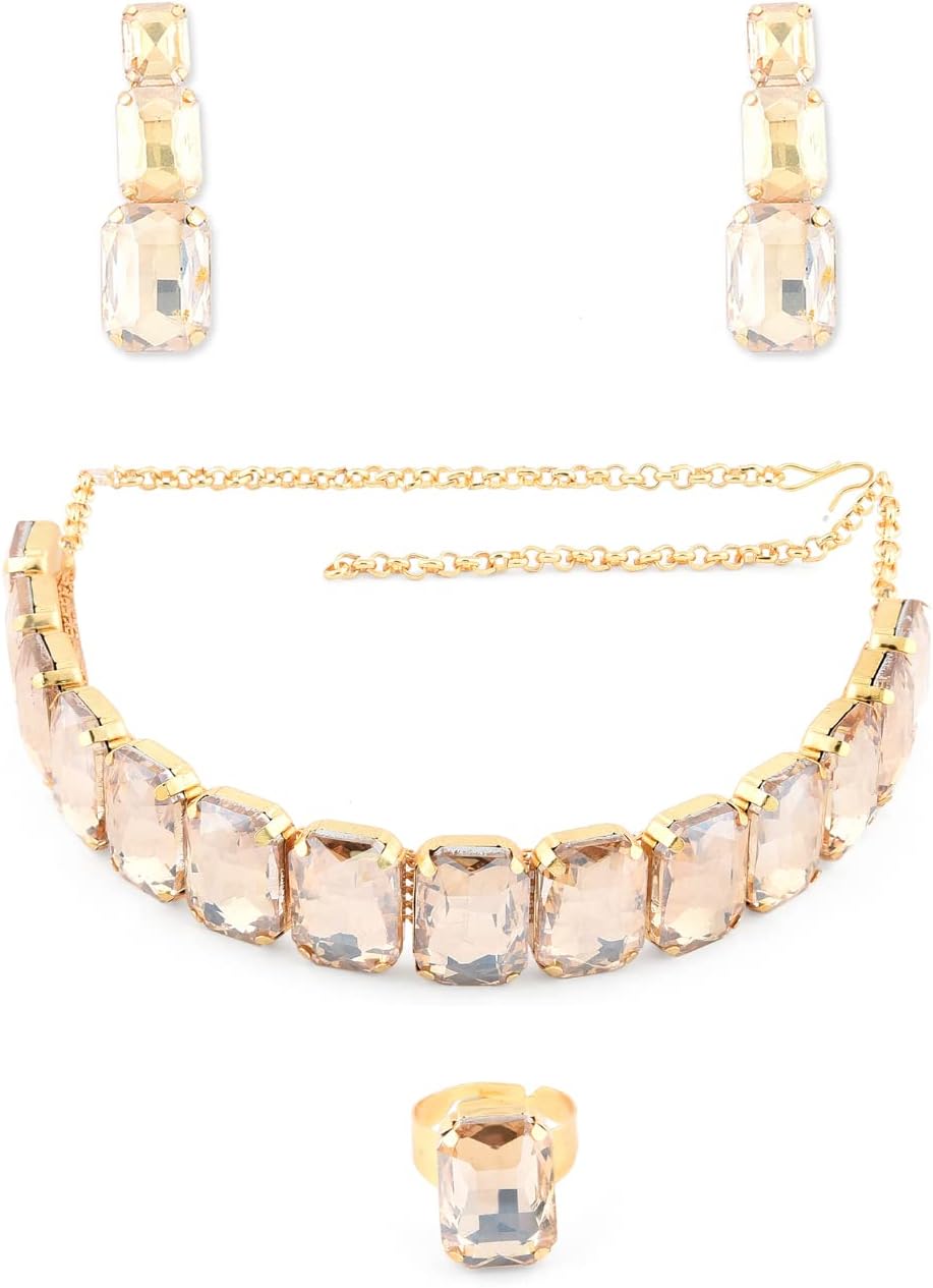 Crystal Shine Stones Studded Contemporary Necklace, Earring & Finger Ring Set For Women-ZPFK8650