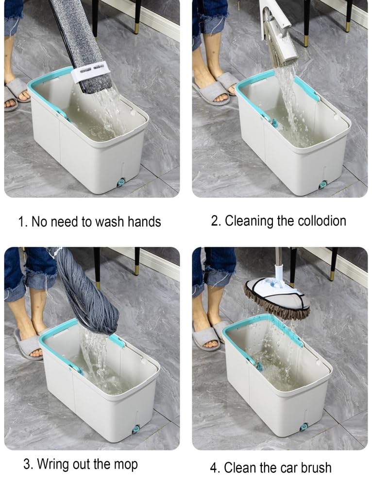 MOP y Cubo con Wringer Establecido 360 ° 4PSC Microfibra Spin Mop con Cubo y Cabezales duales de trapeador de Duendes.